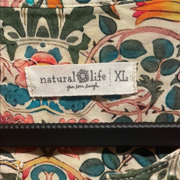 NATURAL LIFE Cream Floral Print Top with Teal and Coral Accents Side Slits Maxi - Picture 2 of 12